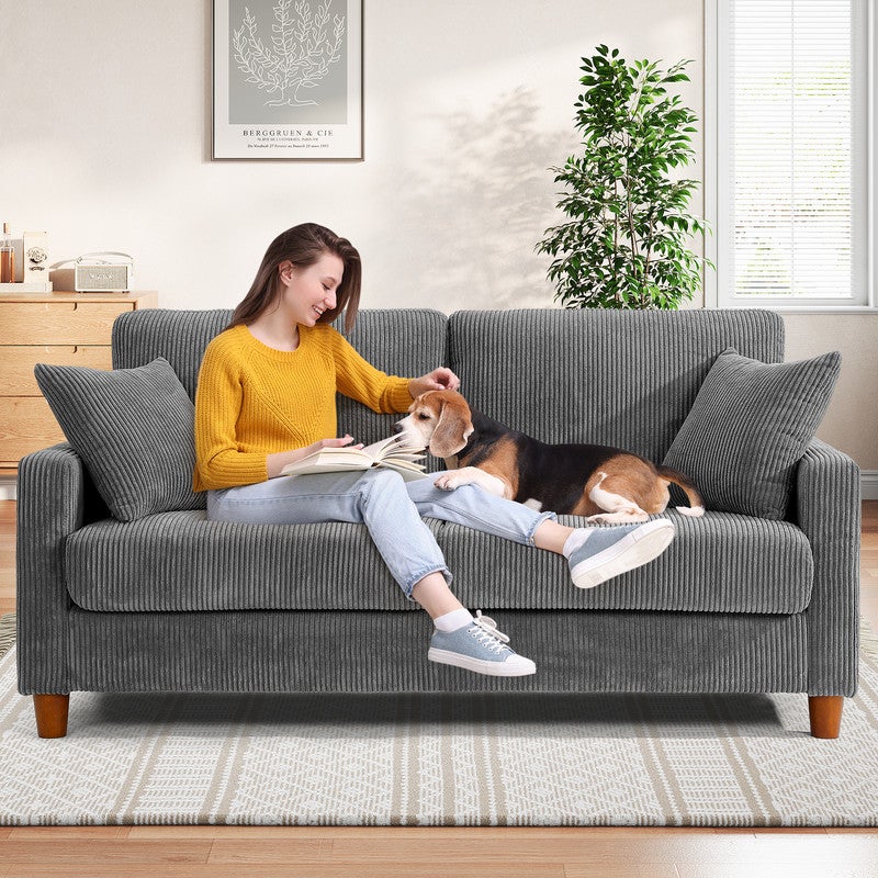 Canapé 2/3 Places en Velours Côtelé Gris,Canapé Scandinave avec 2 coussins et 2 oreillers pour le salon,pieds en bois,178×76×84cm - 4