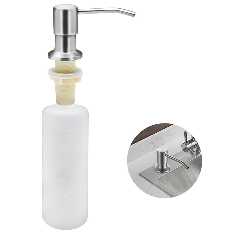 Dozownik mydła do zlewu kuchennego, 350 ml, ze stali nierdzewnej, wielokrotnego napełniania, z obrotową pompką 360° (srebrny)