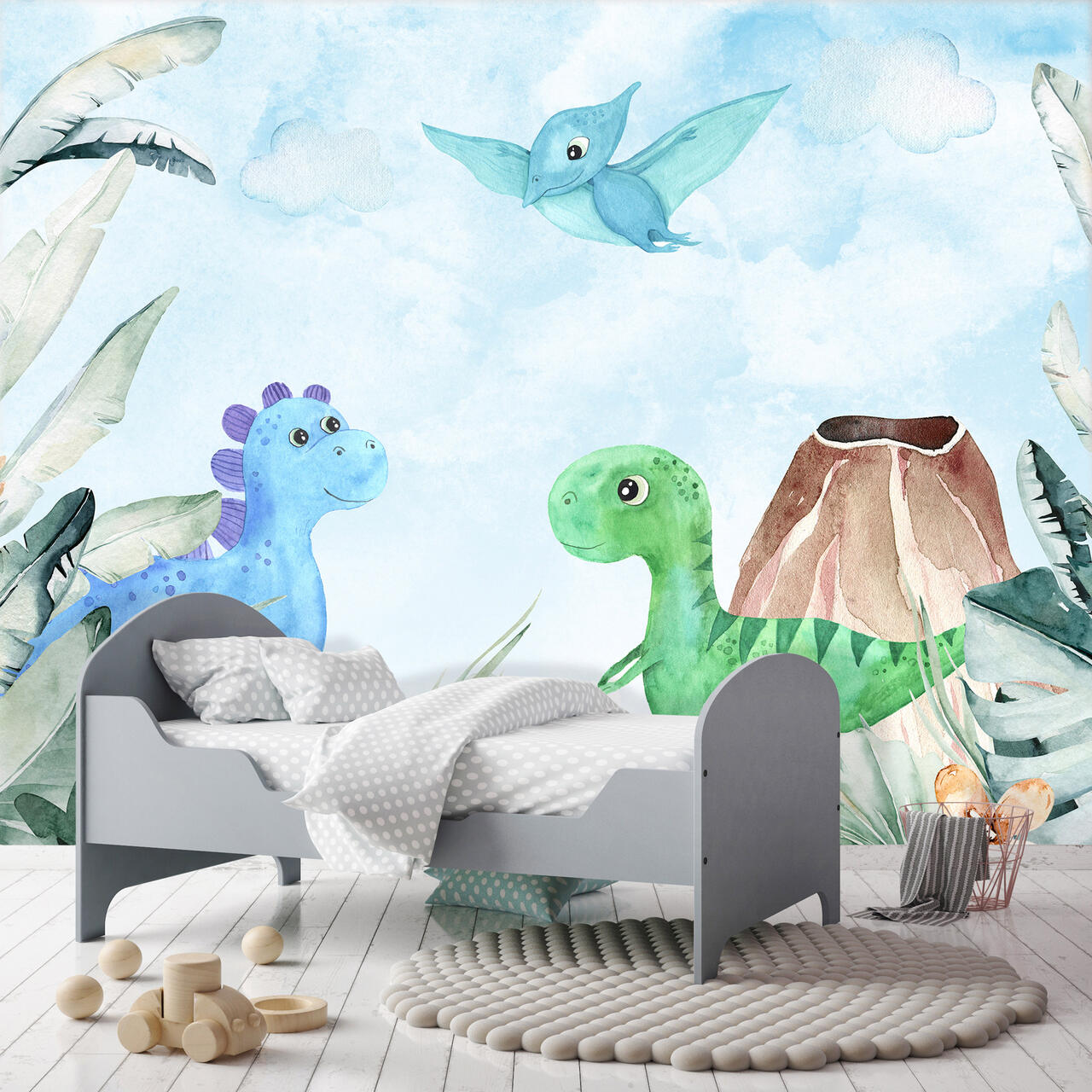 Papier Peint Enfant Dinosaure Intissé Panoramique 416x254 cm - Colle incluse - Chambre d'enfant - Trompe l'oeil moderne - 2