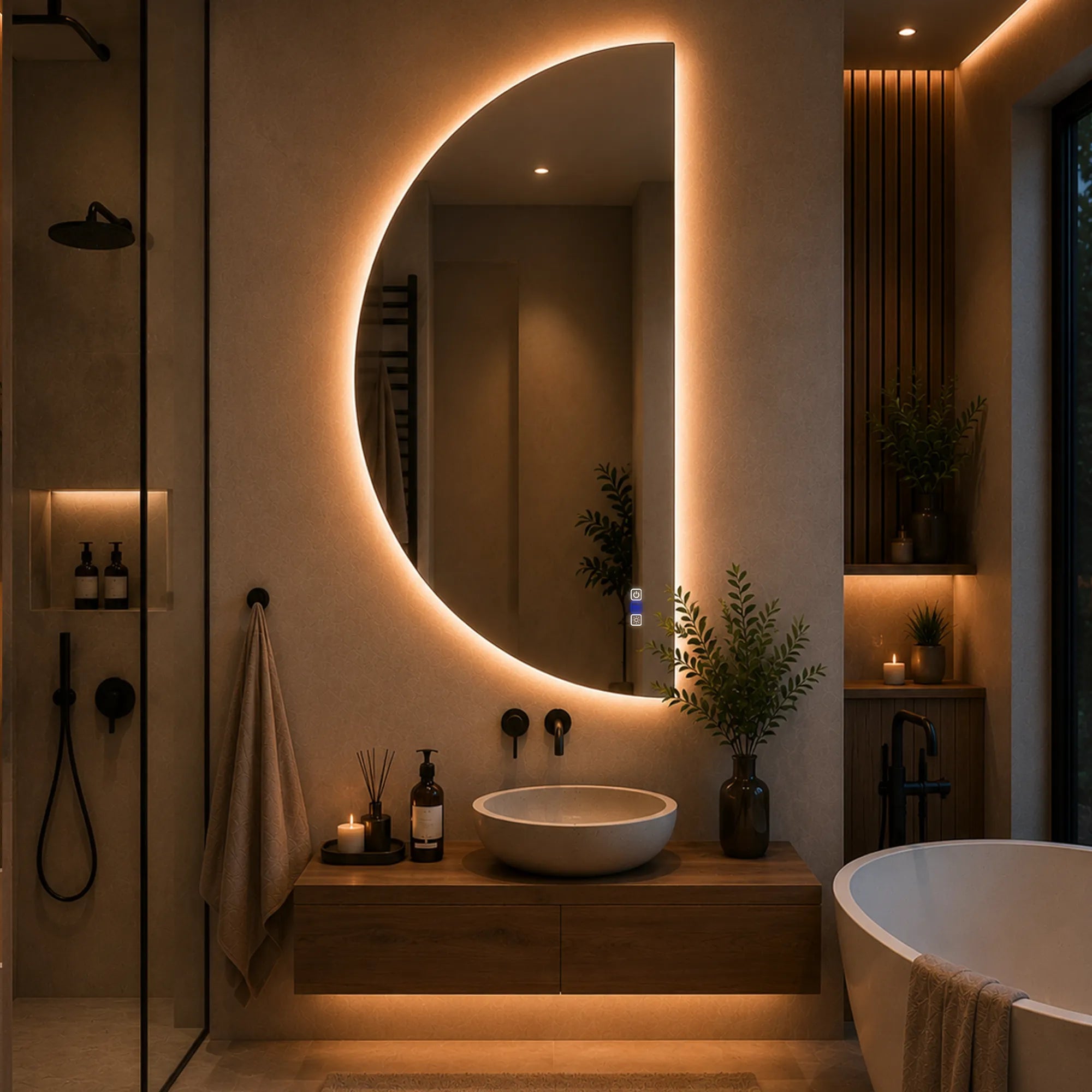 Oglinda LED Semiluna Dreapta 80x160 cm , LED Reglabil 3000K-6000K, Touch, ON/OFF, Dimare, Reglare LED, Functie Dezaburire - Reyze Ambient