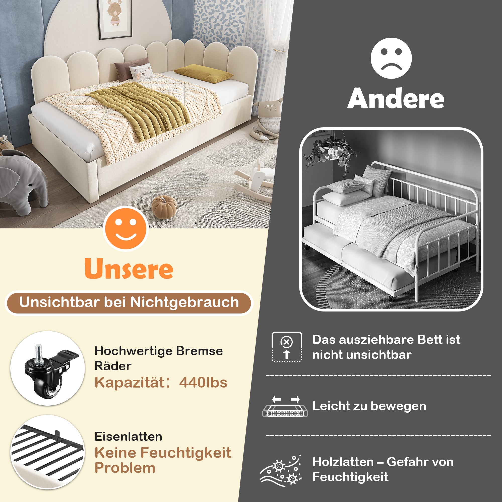 Cama de rodízio 90 x 200 cm + 90 x 190 cm com cabeceira e encosto, sofá-cama - Veludo - Estrado de ripas metálicas - Bege (sem colchão) - 7