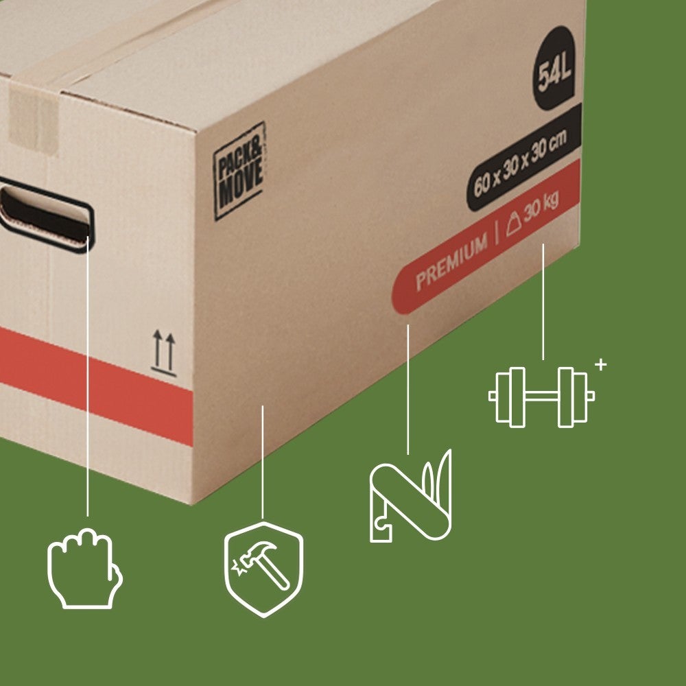 Pack and Move- Lot 20 Cartons Déménagement Premium - 60 X 30 X 30 Cm - Extrême Résistance 30KG - Réutilisable - Poignées Renforcées - 1 Adhésif Offert - 4