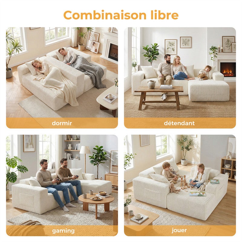 DRIPEX Canapé d'angle droit en velours côtelé avec 4 coussins,Canapé Modulable 4 places avec méridienne en L,261×156×80cm,Beige - 6
