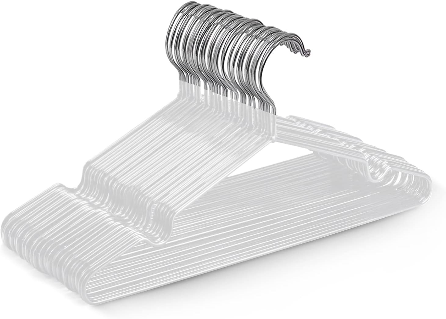 Opakowanie 20 wysokiej jakości białych metalowych wieszaków pokrytych gumą, o wymiarach 30 x 17 x 0,35 cm, zajmujących mało miejsca i odpowiednich do