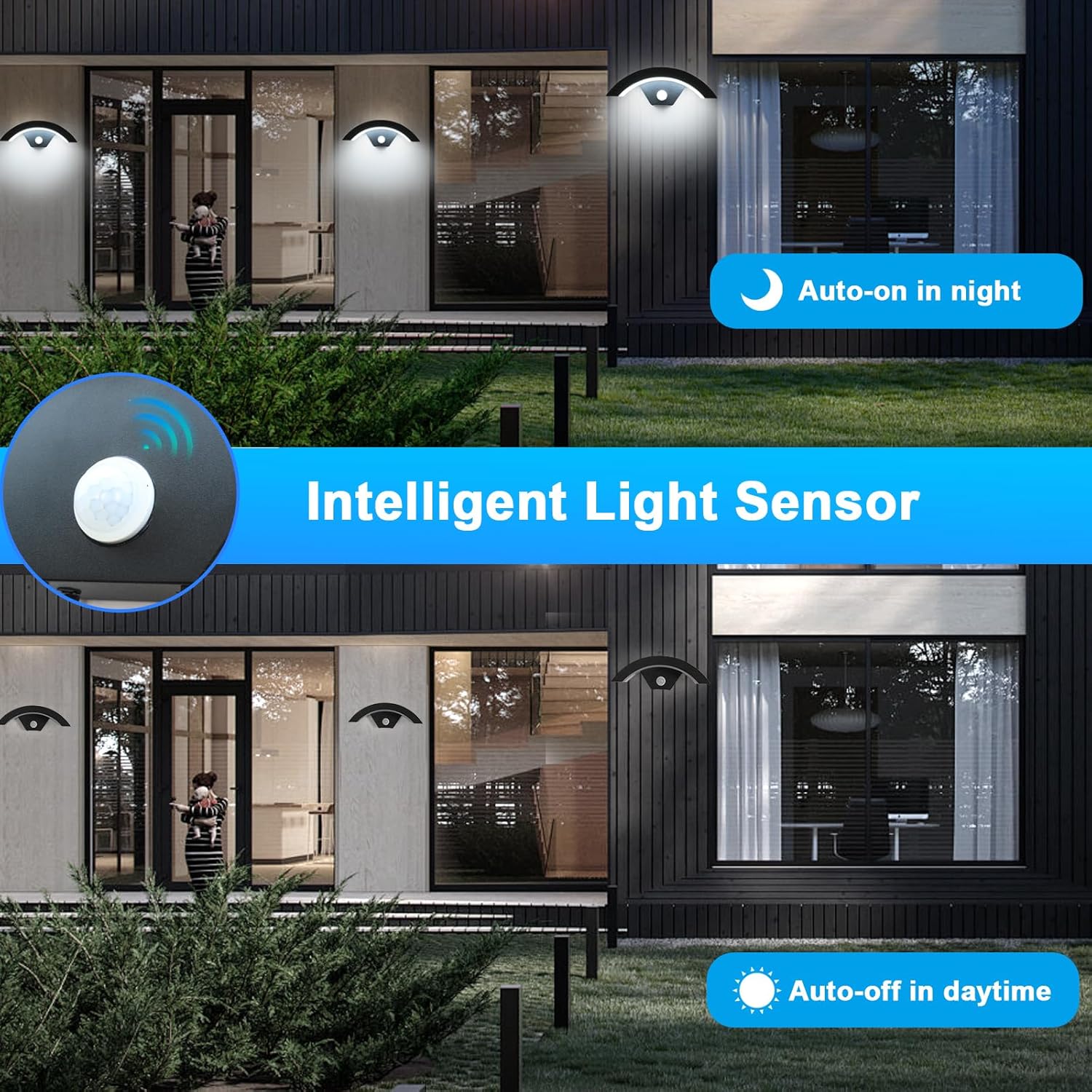 GOECO 2 Pièces Applique Murale LED Extérieur avec Détecteur de Mouvement, 24W IP65 Etanche Moderne Luminaire Murale, pour Terrasse Jardin 6500K - 4