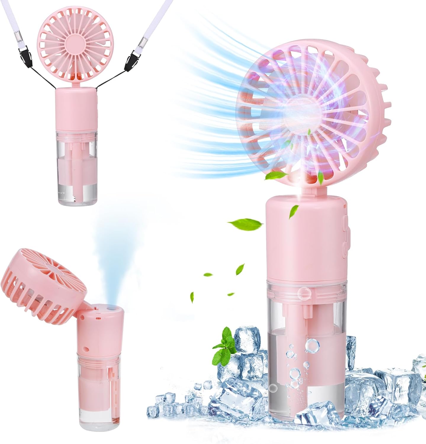 Mały przenośny wentylator, wentylator wiszący na szyi, składany, cichy wentylator, odpowiedni do użytku na zewnątrz, w podróży, różowy