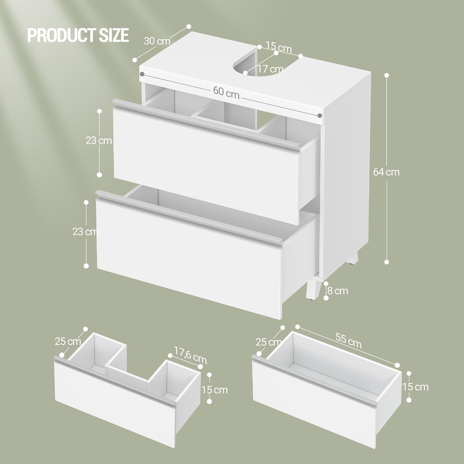 Mobile Sottolavabo per Bagno, Mobiletto da Bagno, 3 Cassetti, Piedini, indipendente, moderno, 30 x 60 x 64 cm, Bianco - 9