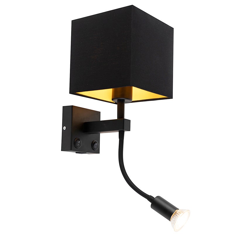 Nowoczesna lampa ścienna czarna z USB i kwadratowym czarnym kloszem - Zeno