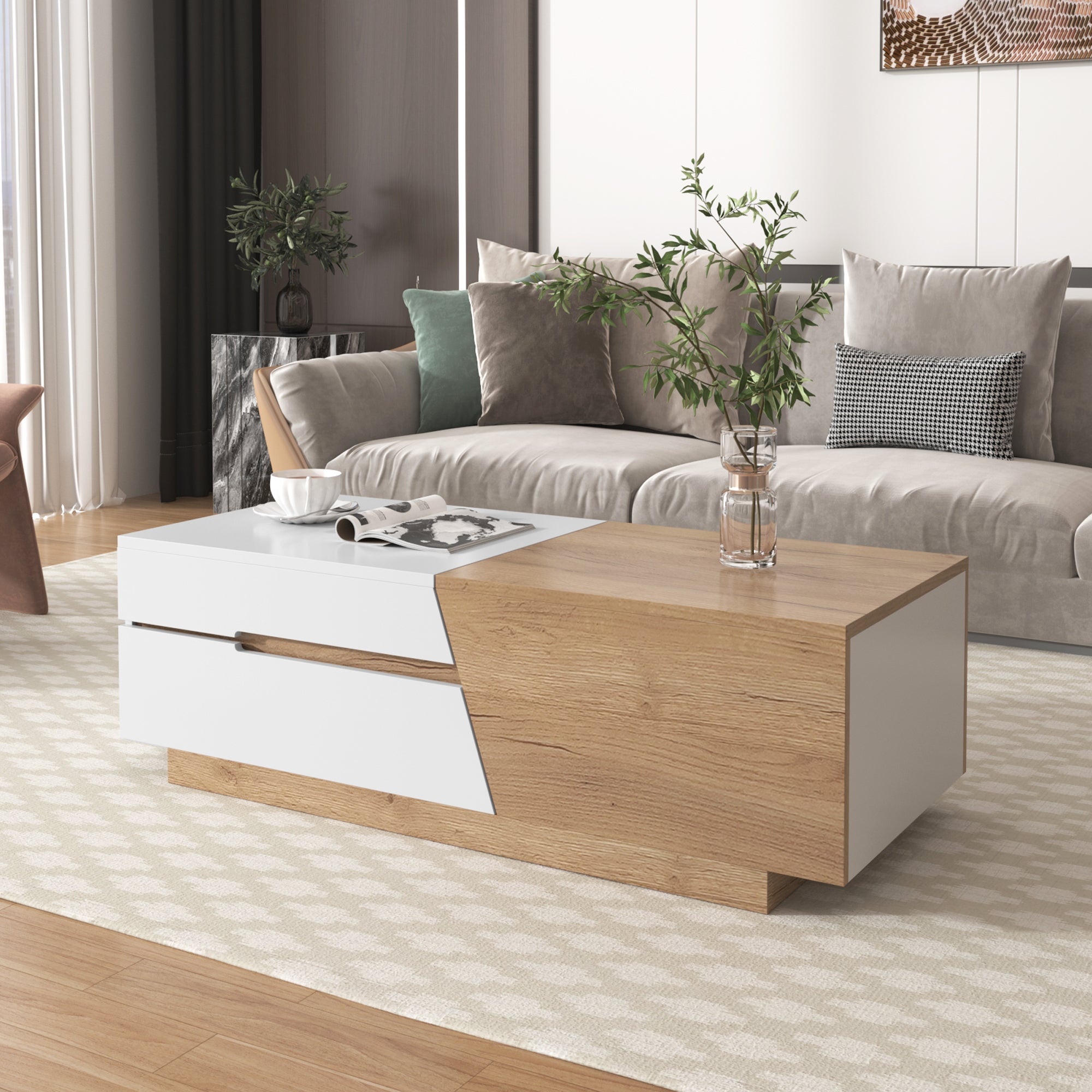 Rozkładany stolik kawowy z 2 szufladami - 120 x 50 x 37,5 cm - Płyta wiórowa - Biały + naturalny
