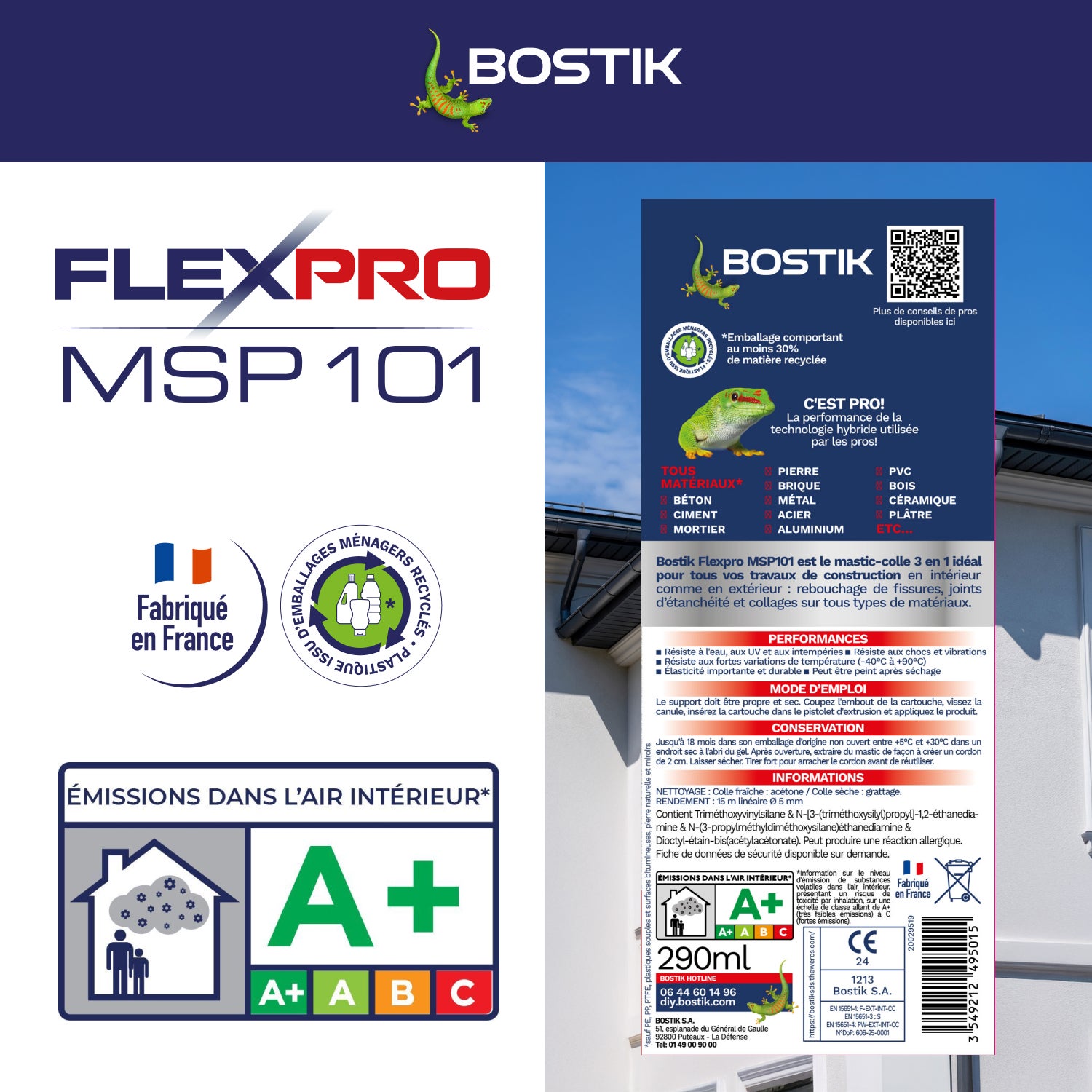 Bostik Mastic Colle Flexpro MSP101 - Colle Jointe et Rebouche - Tous Matériaux - Intérieur/Extérieur - Hautes Performances - Blanc - 290ml - 6