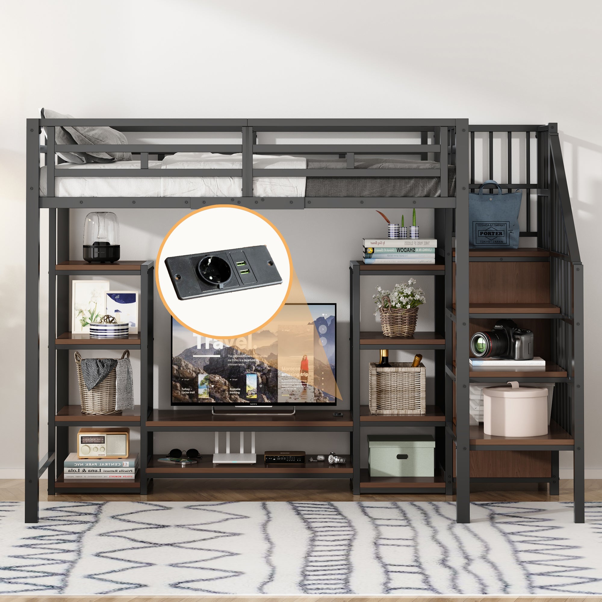 Łóżko piętrowe 90 x 200 cm z szafką RTV i półkami - Metal + MDF - Czarne (materac nie jest wliczony w cenę)