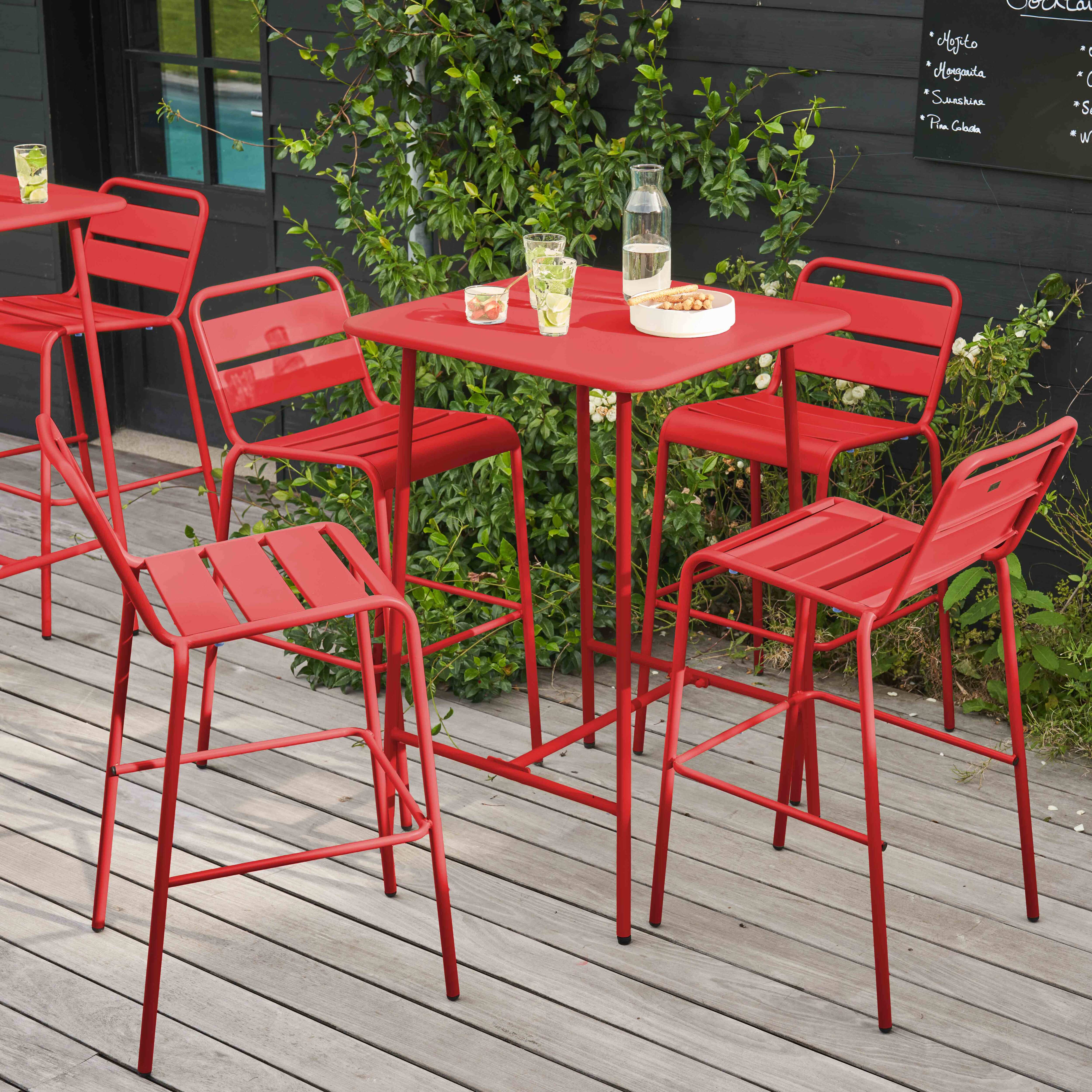 Ensemble Table De Jardin Et 4 Fauteuils En Métal Rouge , Palavas