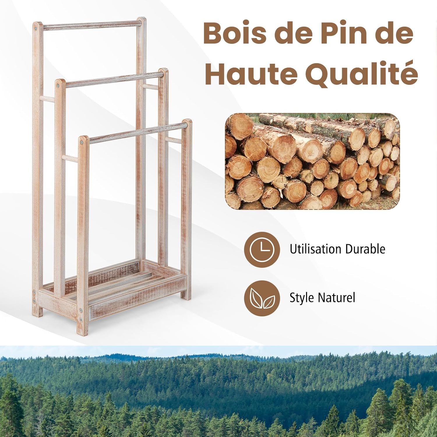 Porte-Serviettes sur Pied en Bois Massif, Porte-Serviettes avec 3 Barres Hauteur Différente et Étagère Inférieure Surélevée, 45x22x86cm, Blanc - 4