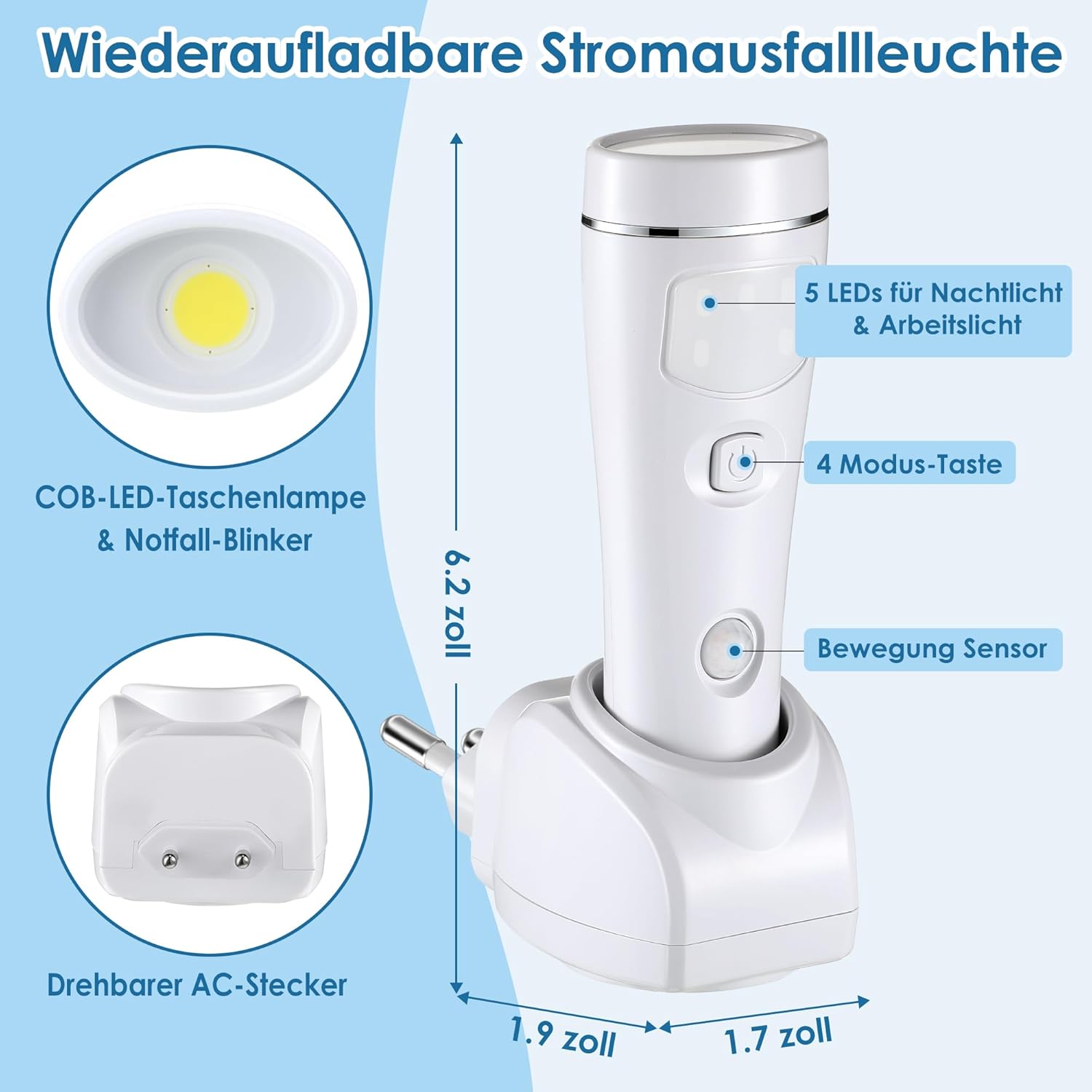 Luce Notturna 4 In 1 Con Sensore Di Movimento E Torcia LED – 2 Pezzi, Ricarica Wireless, IP44, Per Interni Ed Esterni, Bianco
