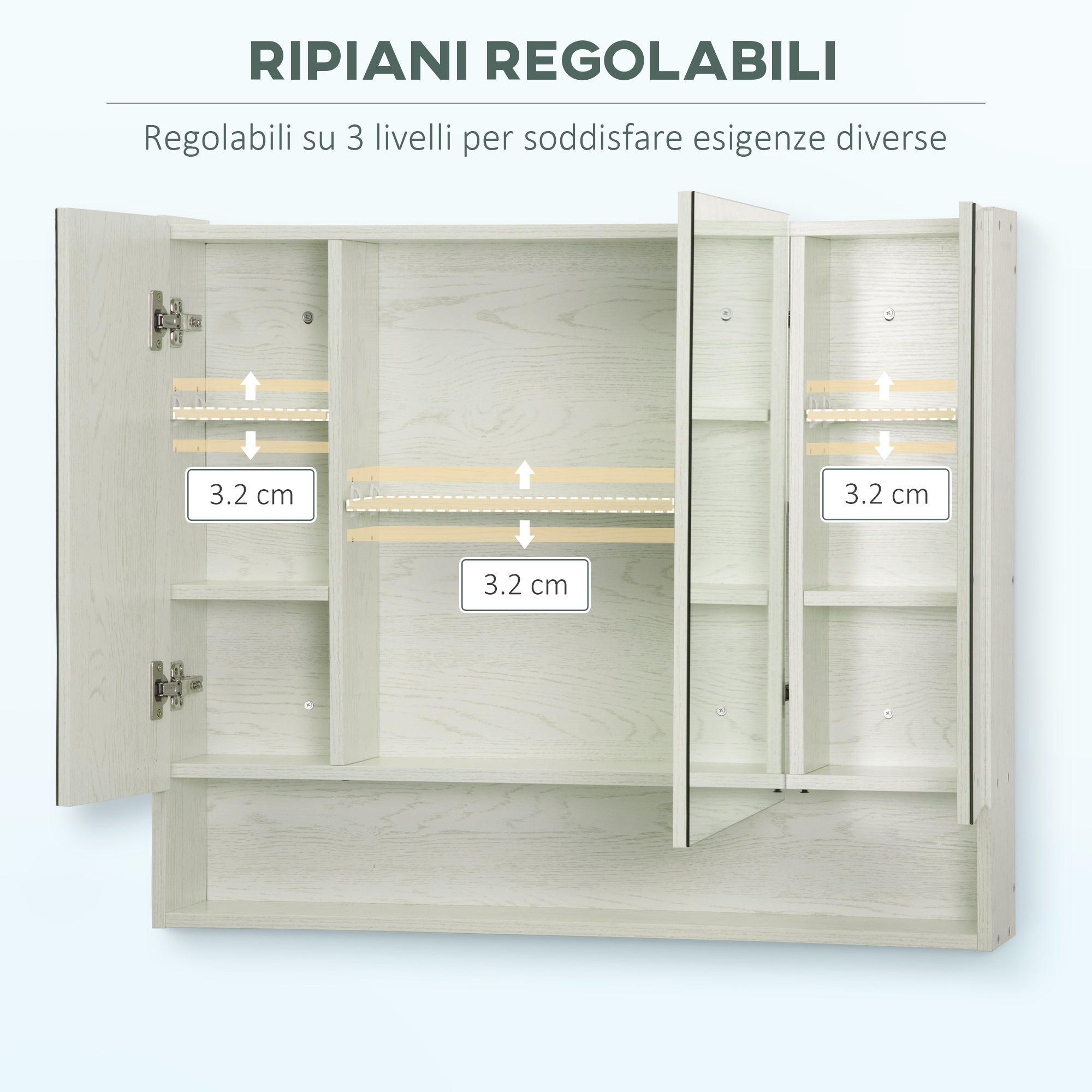 kleankin Armadietto a Specchio per Bagno con Ripiani Regolabili, 3 Porte e Credenze, in MDF e Vetro, 90x15x75 cm, Bianco - 5