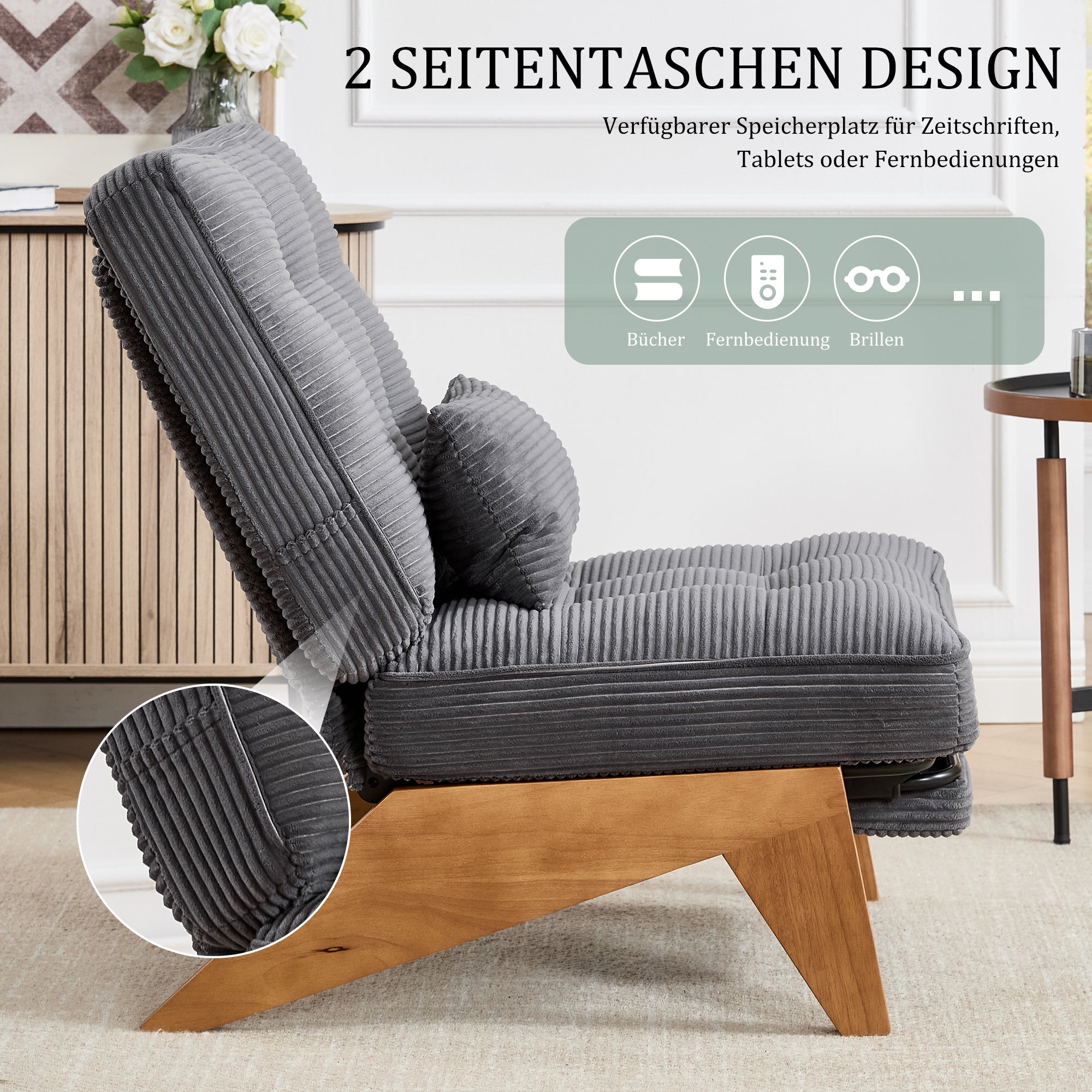 Fauteuil lounge moderne (sans dossier réglable, tissu) : repose-pieds, coussin lombaire, pieds en bois. Salon/chambre/bureau. - 5