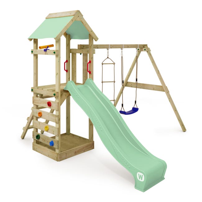 Aire De Jeux Pour Enfants Wickey DinkyHouse - Tour à Grimper Avec Toboggan Et Bac à Sable - Bois Massif 219x114x247 Cm