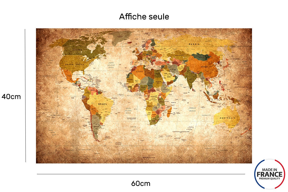 Poster mappa del mondo ton orangé - 60x40cm - made in France - 2