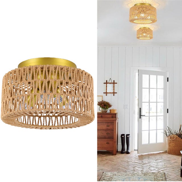 Żyrandol rattanowy, nowoczesny pleciony żyrandol w stylu boho trzy żarówki/E26żyrandol do jadalni w stylu boho wykończenie w kolorze złotymbez żarówek