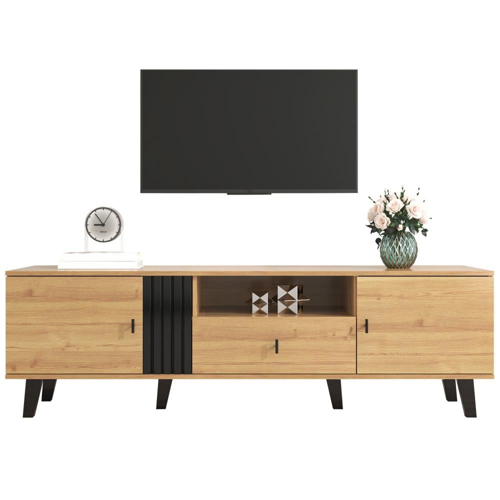 Stojak pod telewizor 170 cm w kolorze drewna i czerni z wieloma przegródkami, elegancki niski kredens z praktyczną szufladą i drzwiami