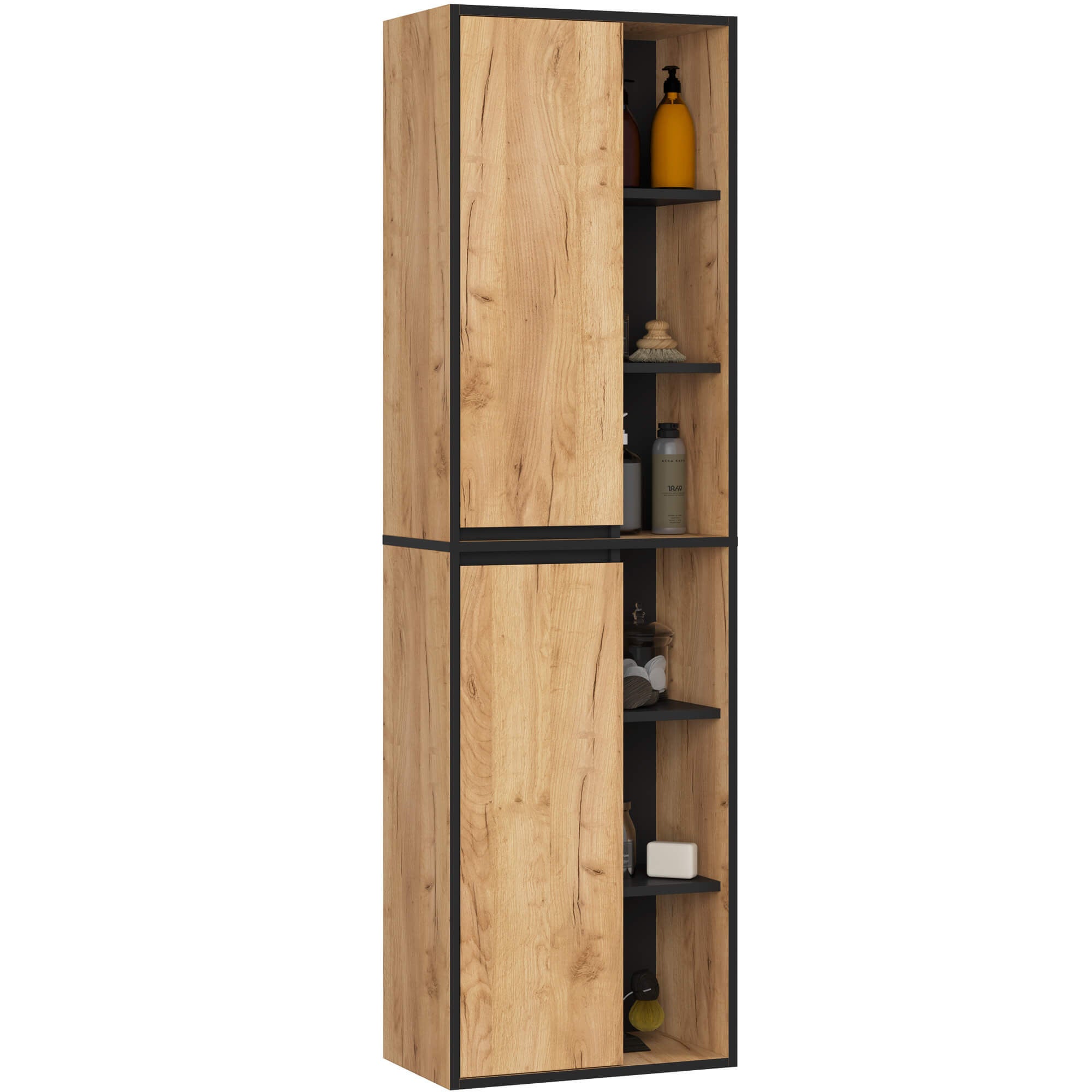 Szafka łazienkowa wisząca AKORD VAMI Dąb Craft, Czarny 50 cm 2 drzwi 10 półek 50x170x30 cm