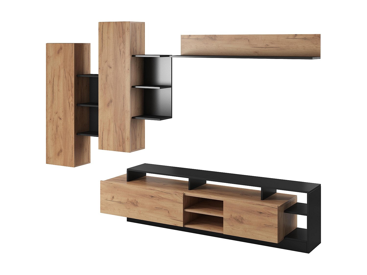 Mur TV avec rangements - Coloris : Naturel et anthracite - IDESIA - 2