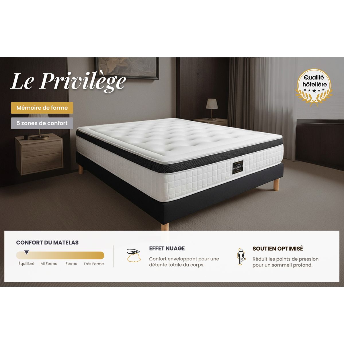 Ensemble matelas 160 x 200 cm Privilège - Mémoire de forme - Ep : 26 cm - Equilibré - sommier Blanc - 3