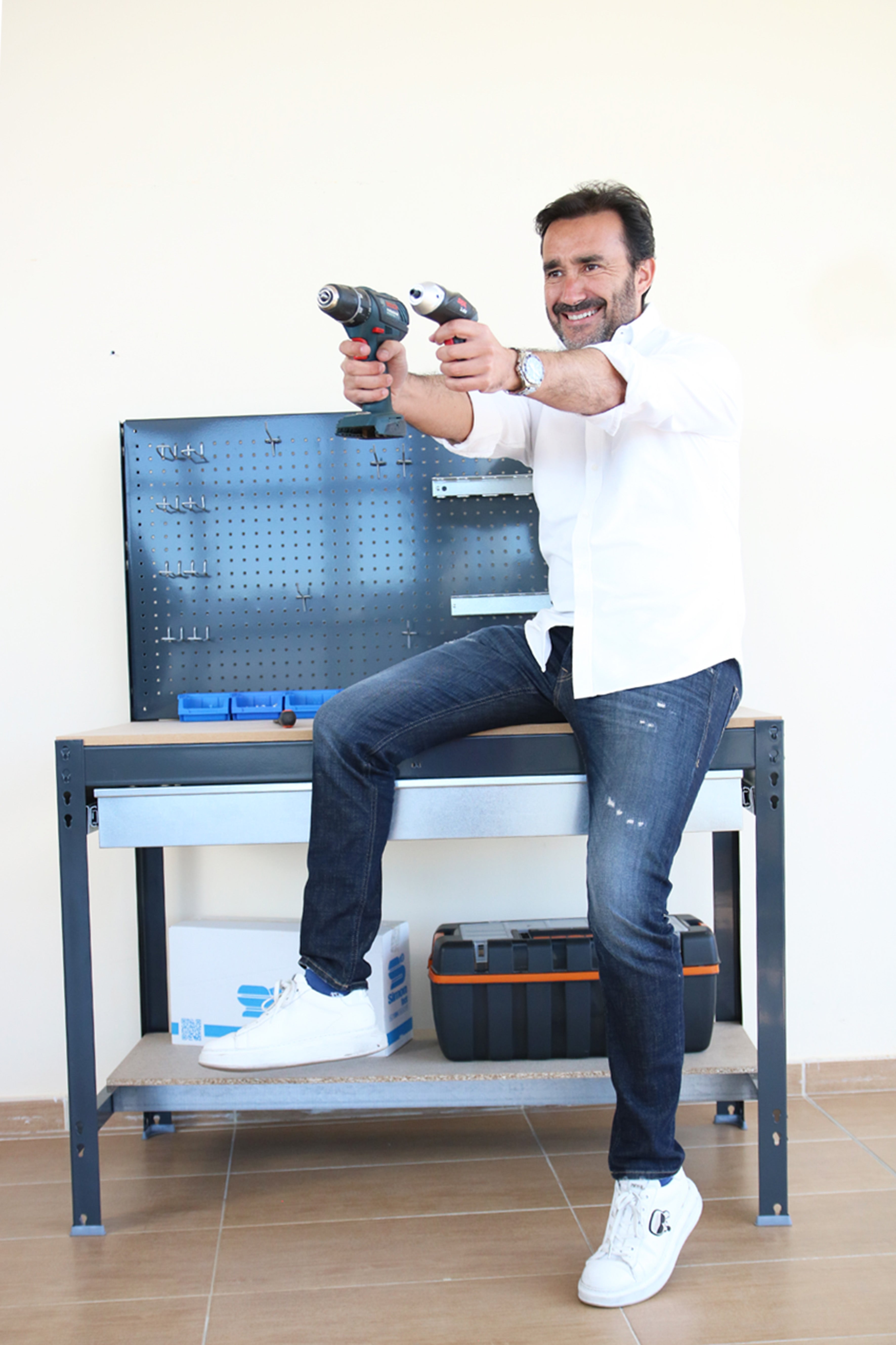 Bancada de trabalho SIMONWORK com 2 prateleiras (144,5x151x61cm) ANTRACITE E MADEIRA - 4