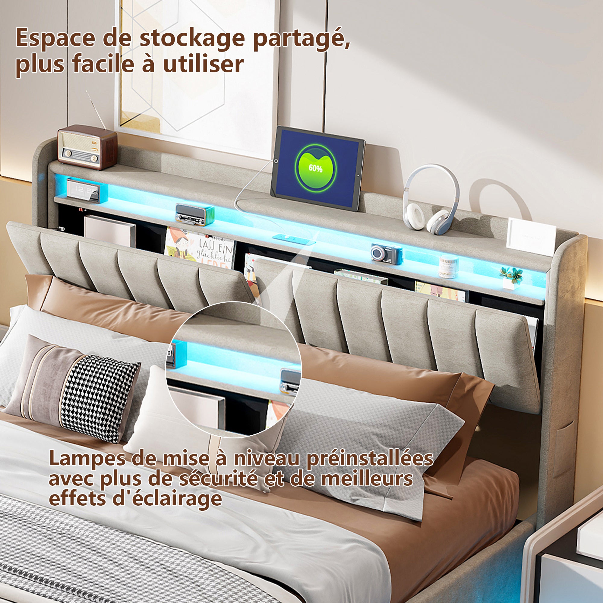 Lit 160x200cm - Lit coffre 160x200 avec sommier et tête de lit rangement - LED et port charge - velours - gris - 7