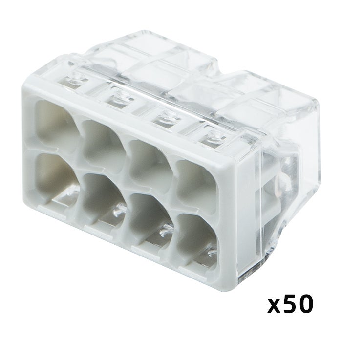 Pot de 50 mini bornes WAGO, 8 fils, 24 A, 450 V, connexion PUSH WIRE®, boîtier transparent, test visuel, dimensions 18x10,4x16,7 mm - 2