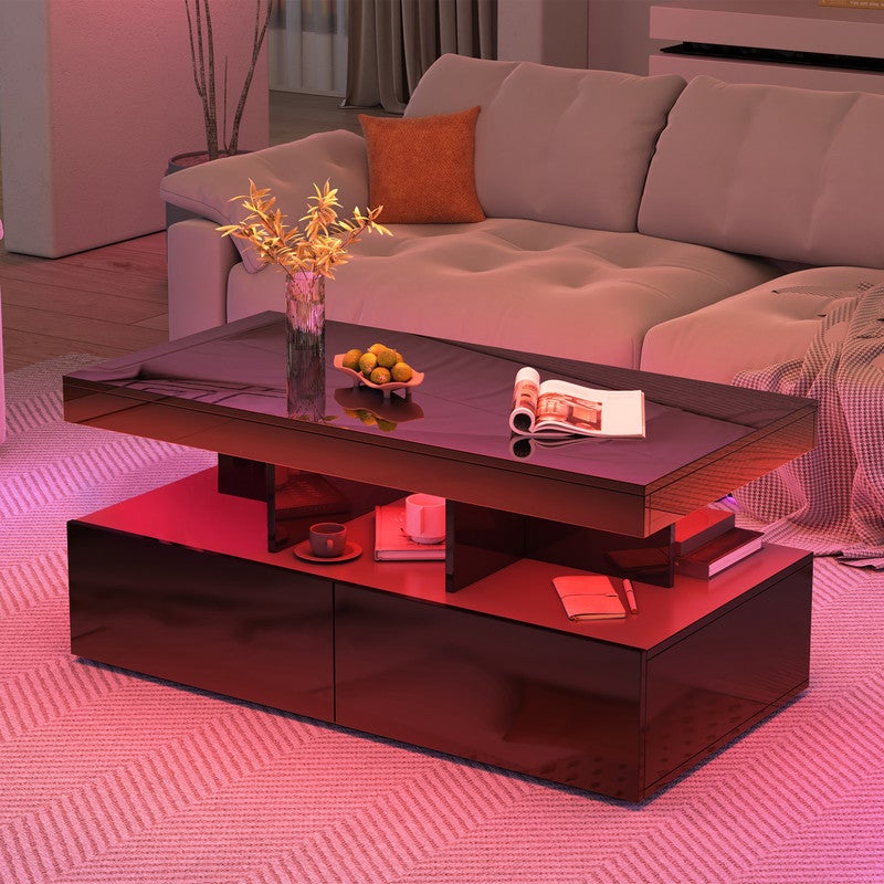 Table Basse avec Lumières LED, Table Basse Salon avec 2 Tiroirs et Compartiment Ouvert, Table de Salon, Bureau,104x53x46 cm, Noir - 3