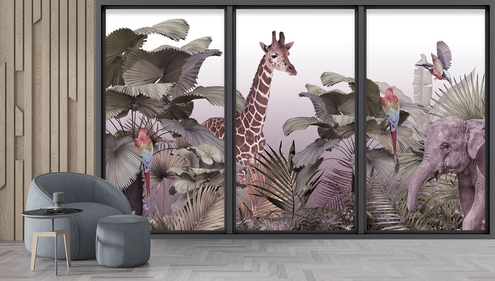 Papier peint panoramique Trompe l'oeil baie vitrée - Animaux de la jungle - Largeur 325 cm x Hauteur 195 cm - 4