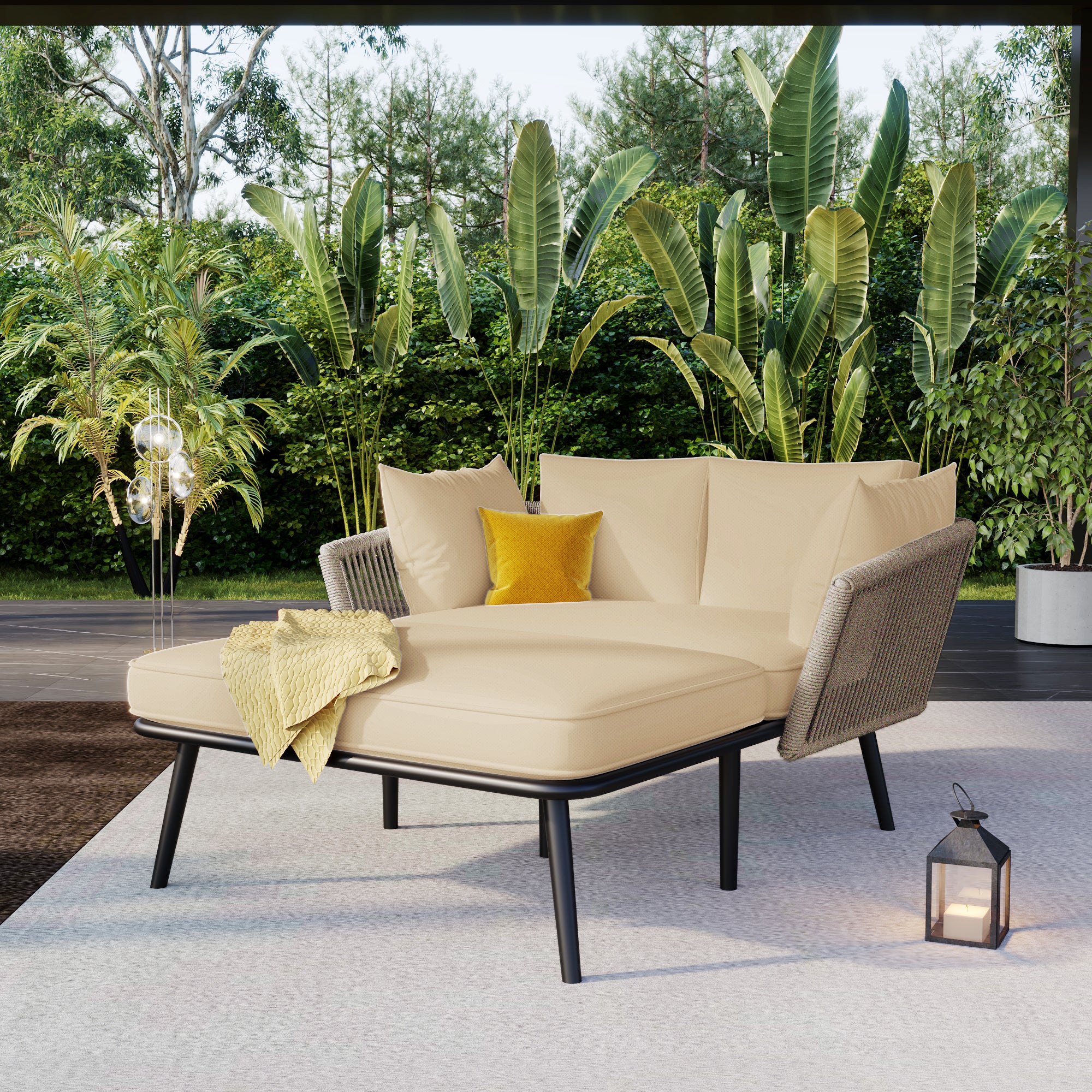 Espreguiçadeira de jardim com 2 almofadas removíveis e laváveis - Revestimento kaki areia e estrutura resistente ao tempo - 3