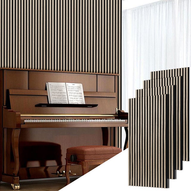 Lote de 4x paneles semicirculares con listones decorativos en roble blanco, nogal negro y fondo de fieltro negro, 120 x 60 x 2,1 cm.