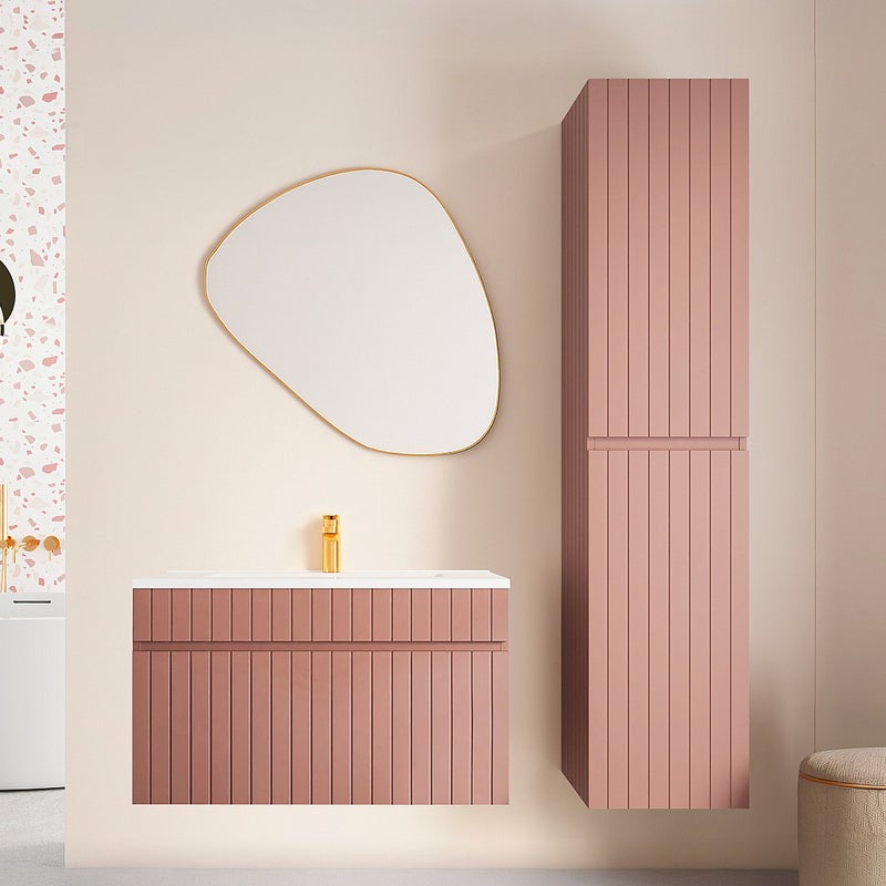 Wisząca szafka łazienkowa w kolorze różowym z prążkowaną fakturą, z wpuszczaną umywalką i słupkiem – 80 cm – SATARA