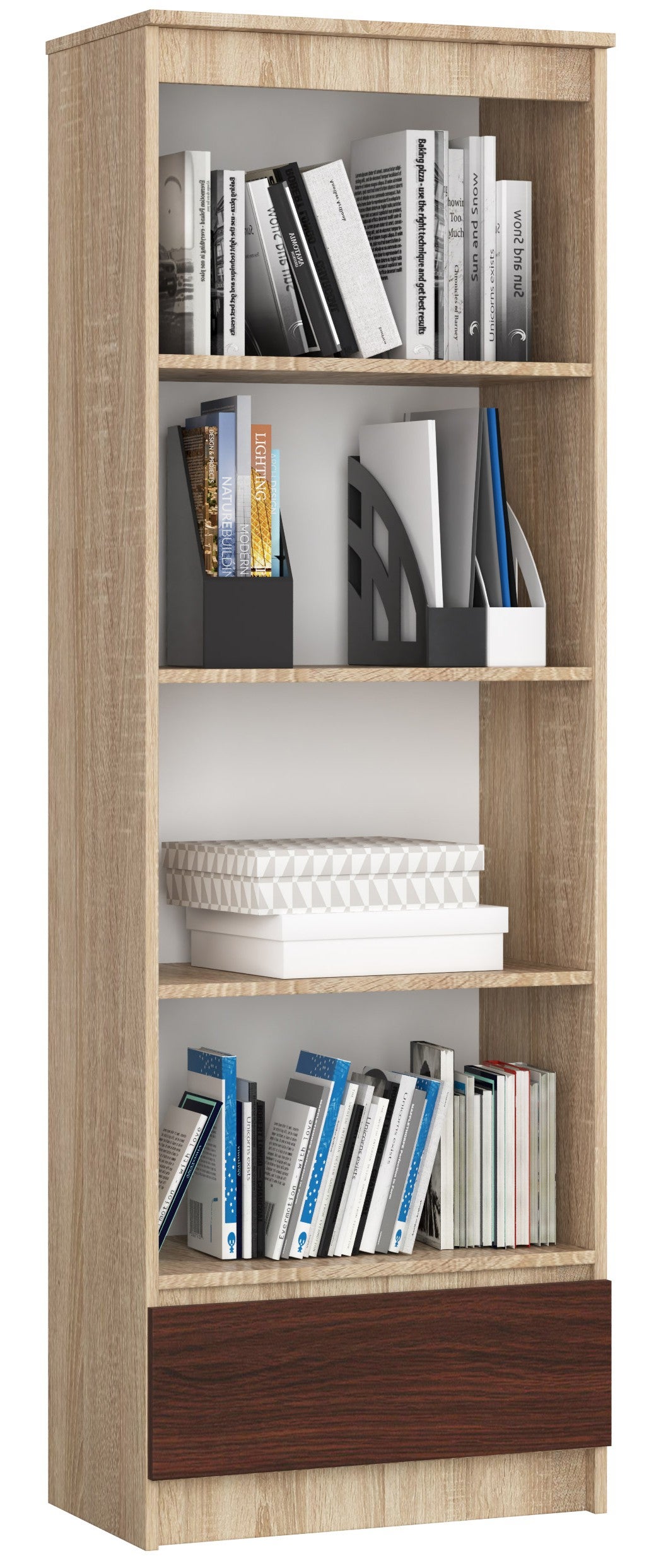 Regał AKORD R60 Dąb Sonoma 60 cm 1 szuflada kolor Wenge mat 4 półki 60x35x180 cm