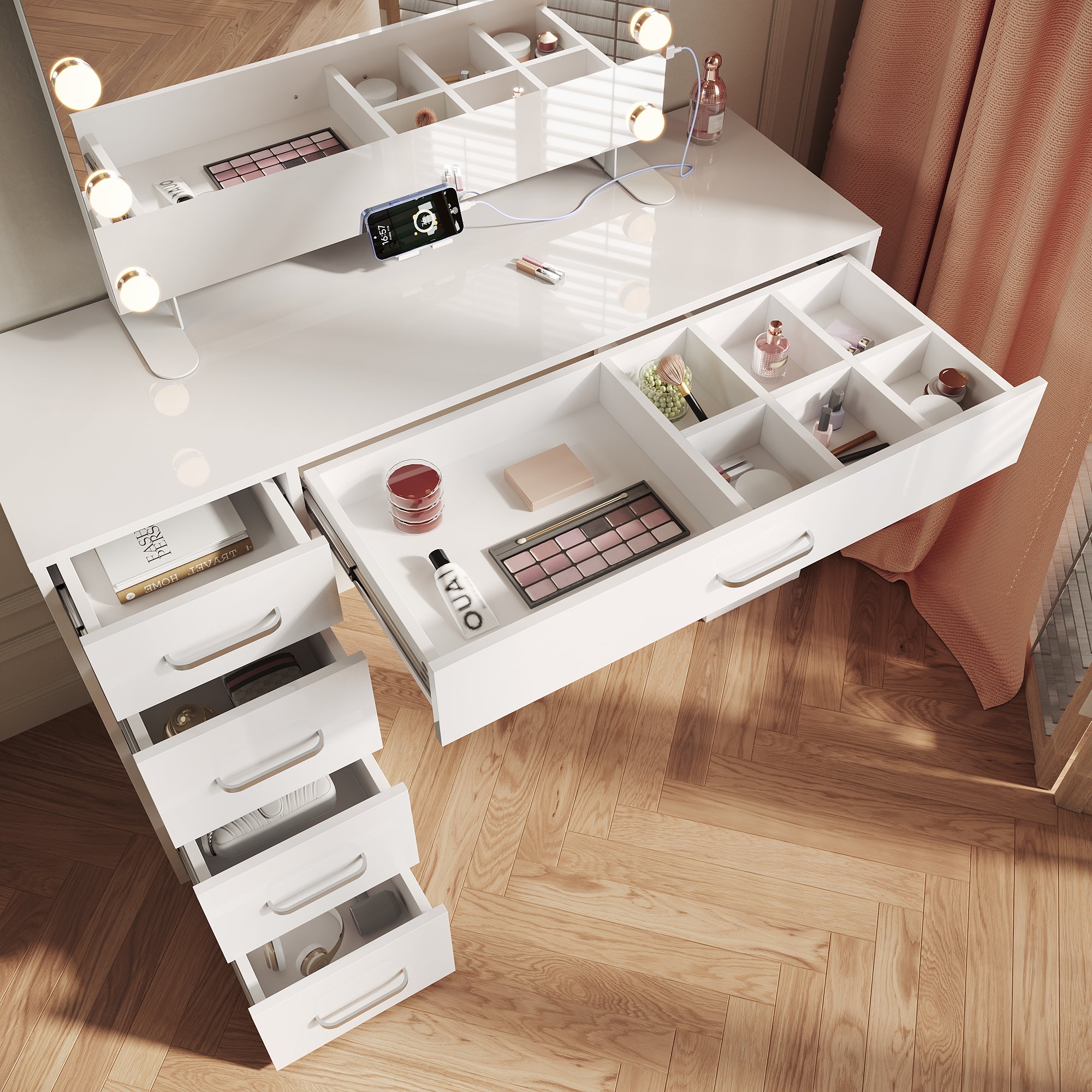 SIRHONA Coiffeuse Blanc Polyvalent avec Grand Espace de Rangement 120*40*77cm - 4