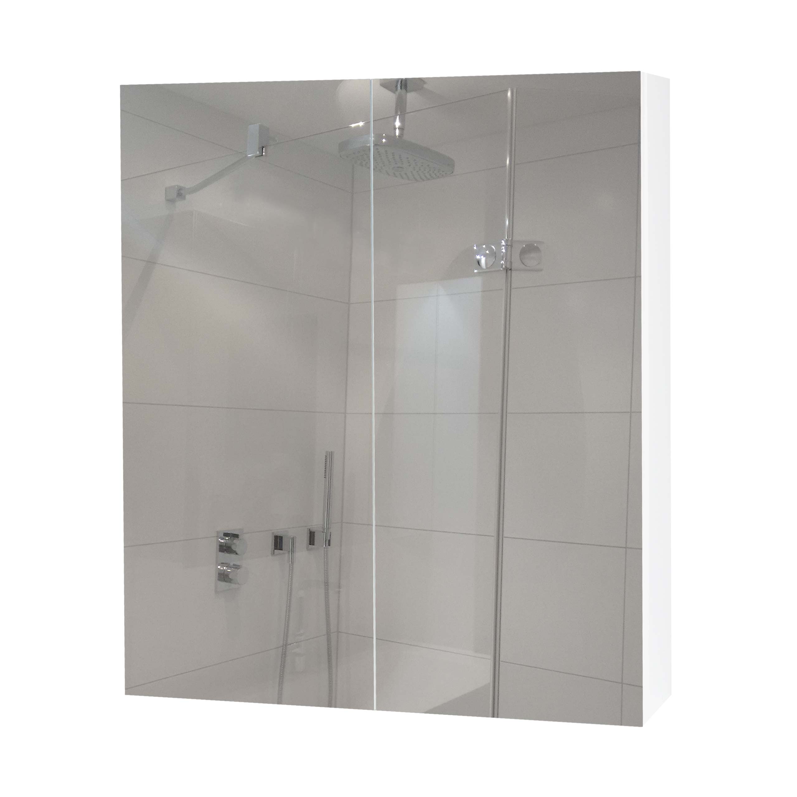 Szafka z lustrem HWC-B19b, szafka łazienkowa ścienna, 2 półki, wysoki połysk z certyfikatem MVG 70x60x16cm ~ biały