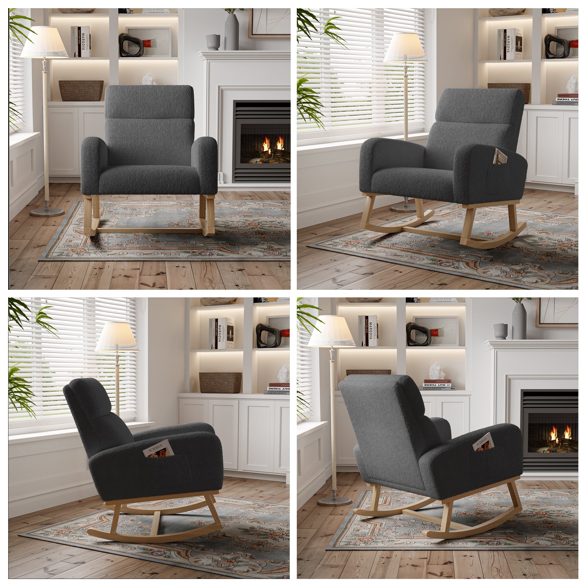 Fauteuil a Bascule, Chaise a Bascule Allaitement avec Poches Latérales et Base en Bois, Fauteuil Rocking Chair interieur extérieur pour Chambre, Gris - 7