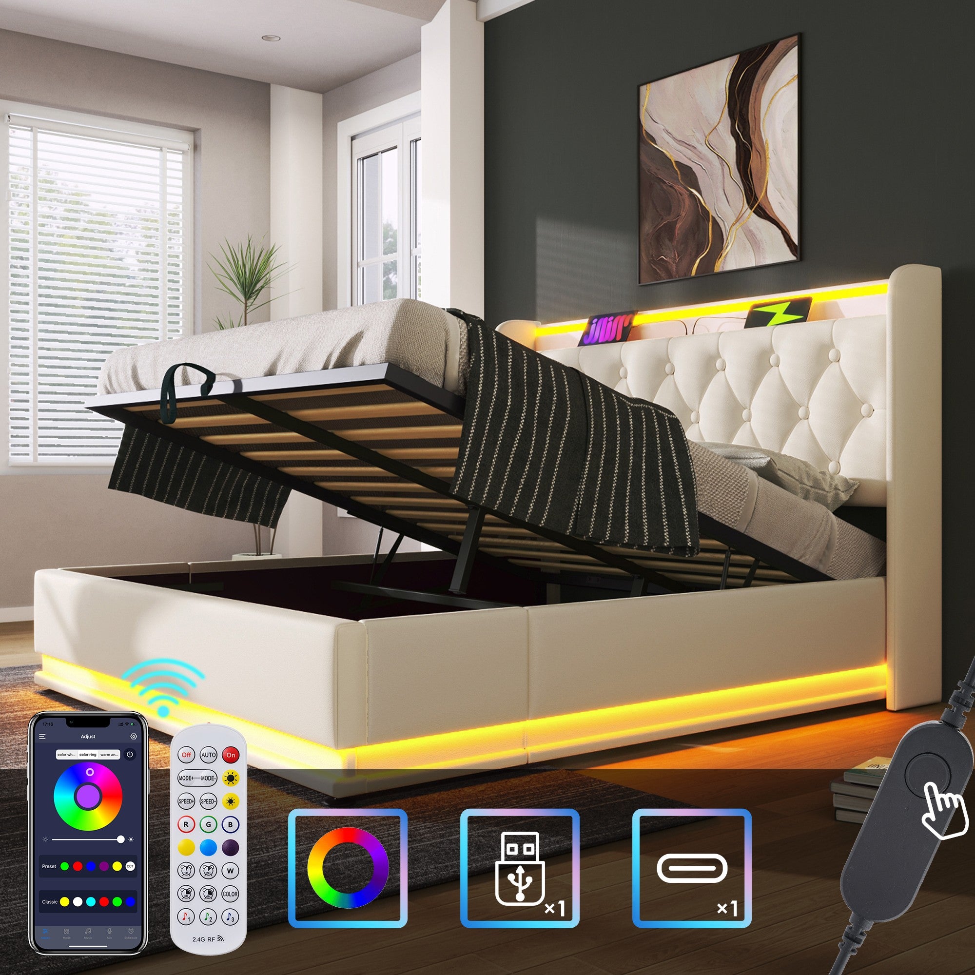 Łóżko dla dorosłych, podwójnie tapicerowane 160 * 200 cm, funkcje 360 LED dookoła, białe, materiał PU, z funkcją ładowania USB typu C.