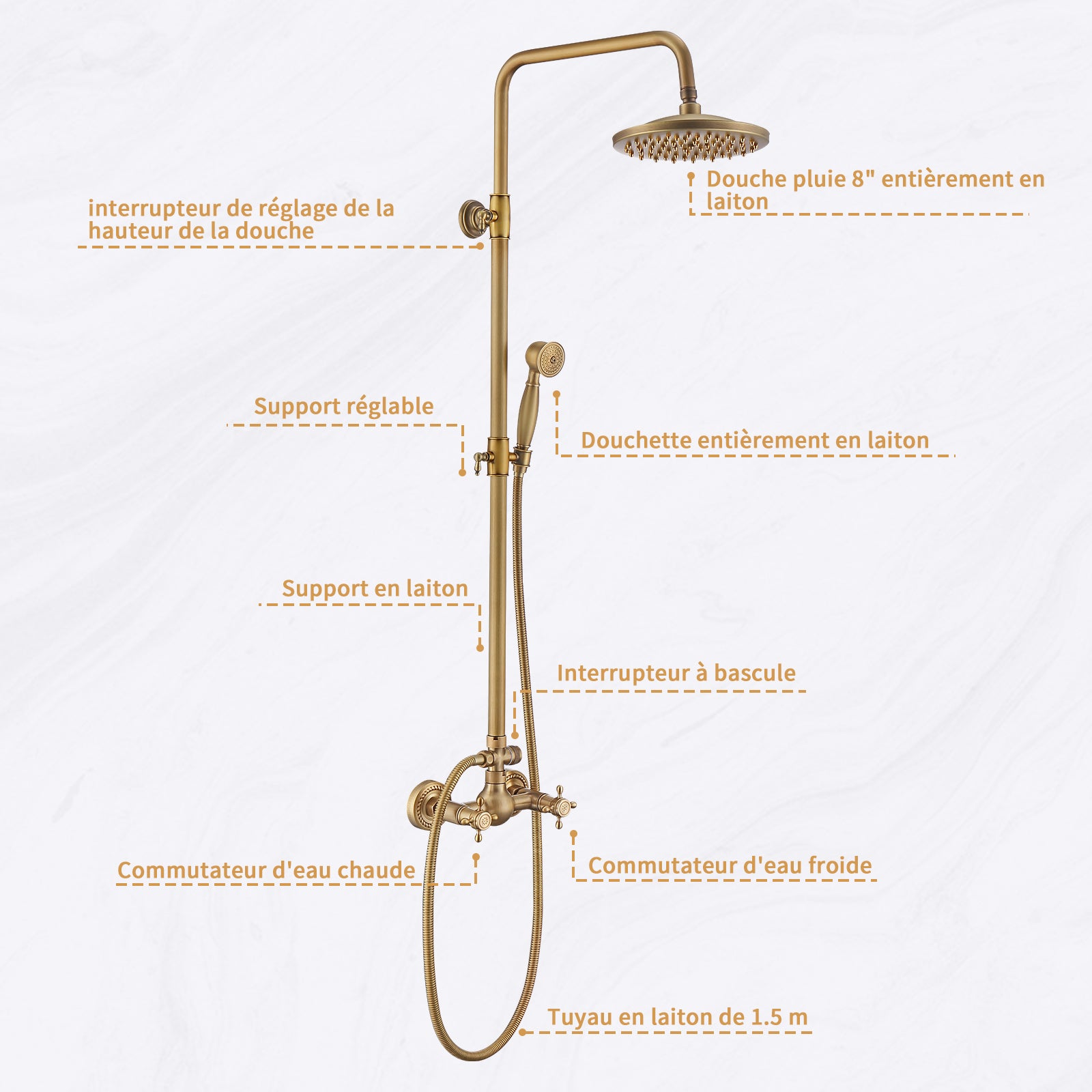 Colonne de Douche Rétro à Double Poignée en Laiton, Système de douche Antique Réglable en hauteur, Kit de Douche avec Finition Bronze - 6