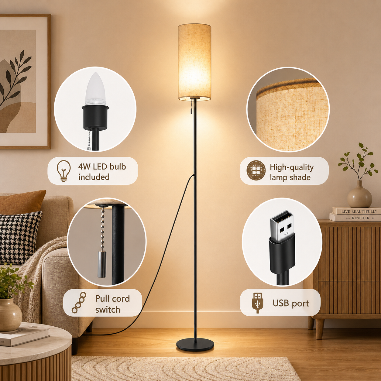 ZMH Lampadaire LED Vintage Dimmable Abat-jour Tissu avec Interrupteur & USB 3000-6500K Pour Salon Chambre - 3