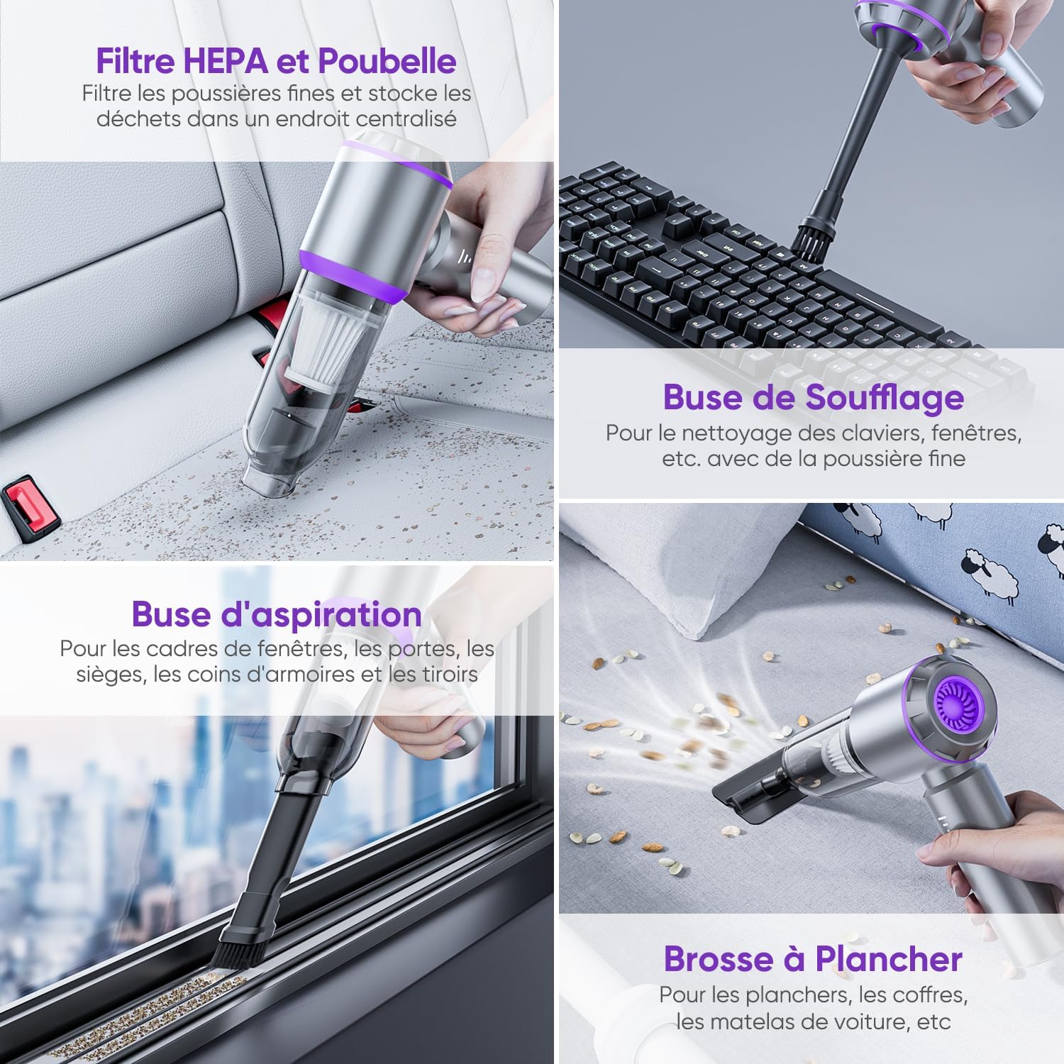 Aspirateur de voiture puissant, 16&nbsp;000 PA, 4 en 1, 3 vitesses, avec filtre HEPA, mini sans fil - 4