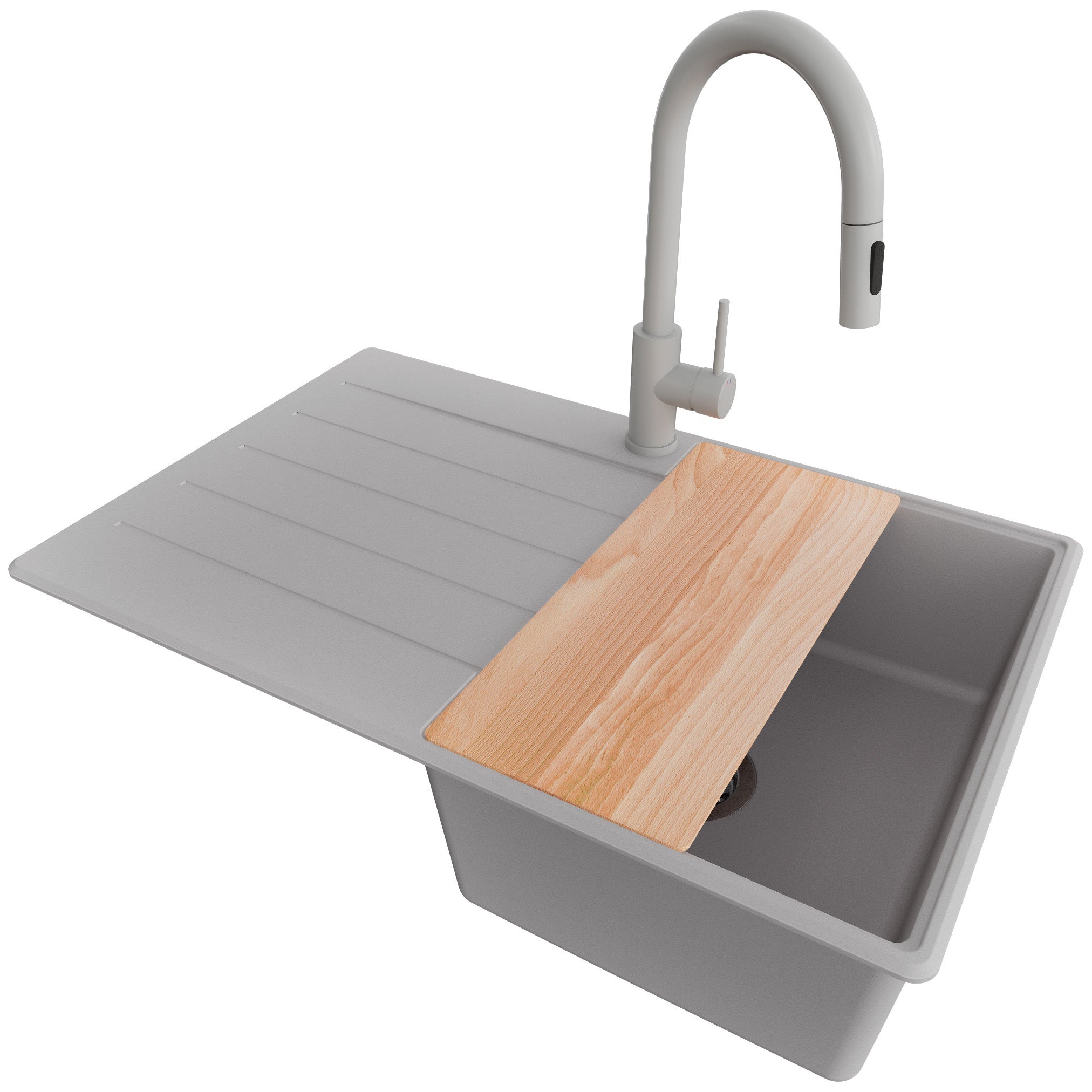 Zlewozmywak Granitowy Szary 78x50cm, Zlew Kuchenny 1 Komorowy + Bateria 40x20cm + Syfon + Deska, Nablatowy do szafki od 45cm - Kopenhaga PRIMAGRAN