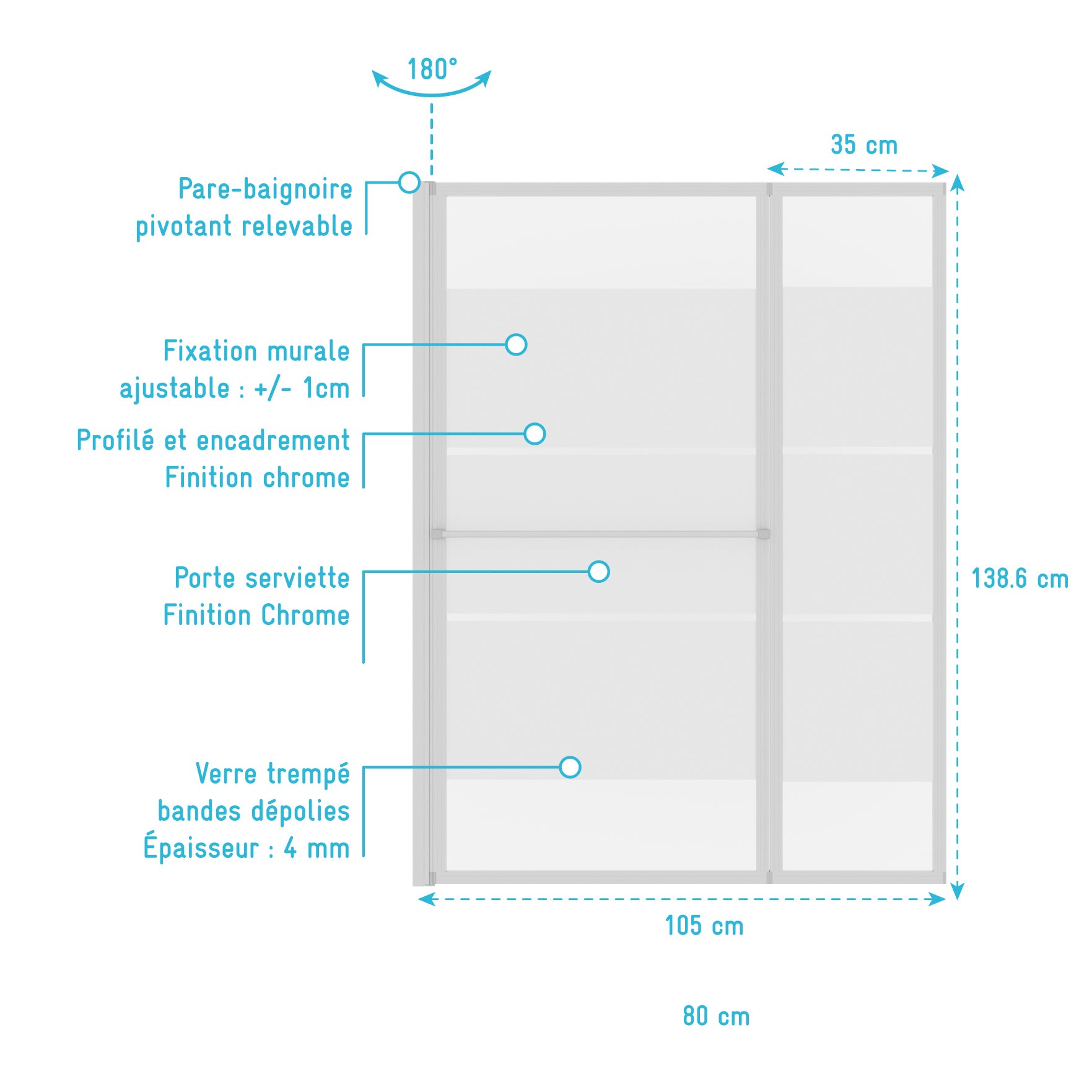 Pare baignoire relevable 139x105cm avec volet - verre transparent avec bande depolie - 4