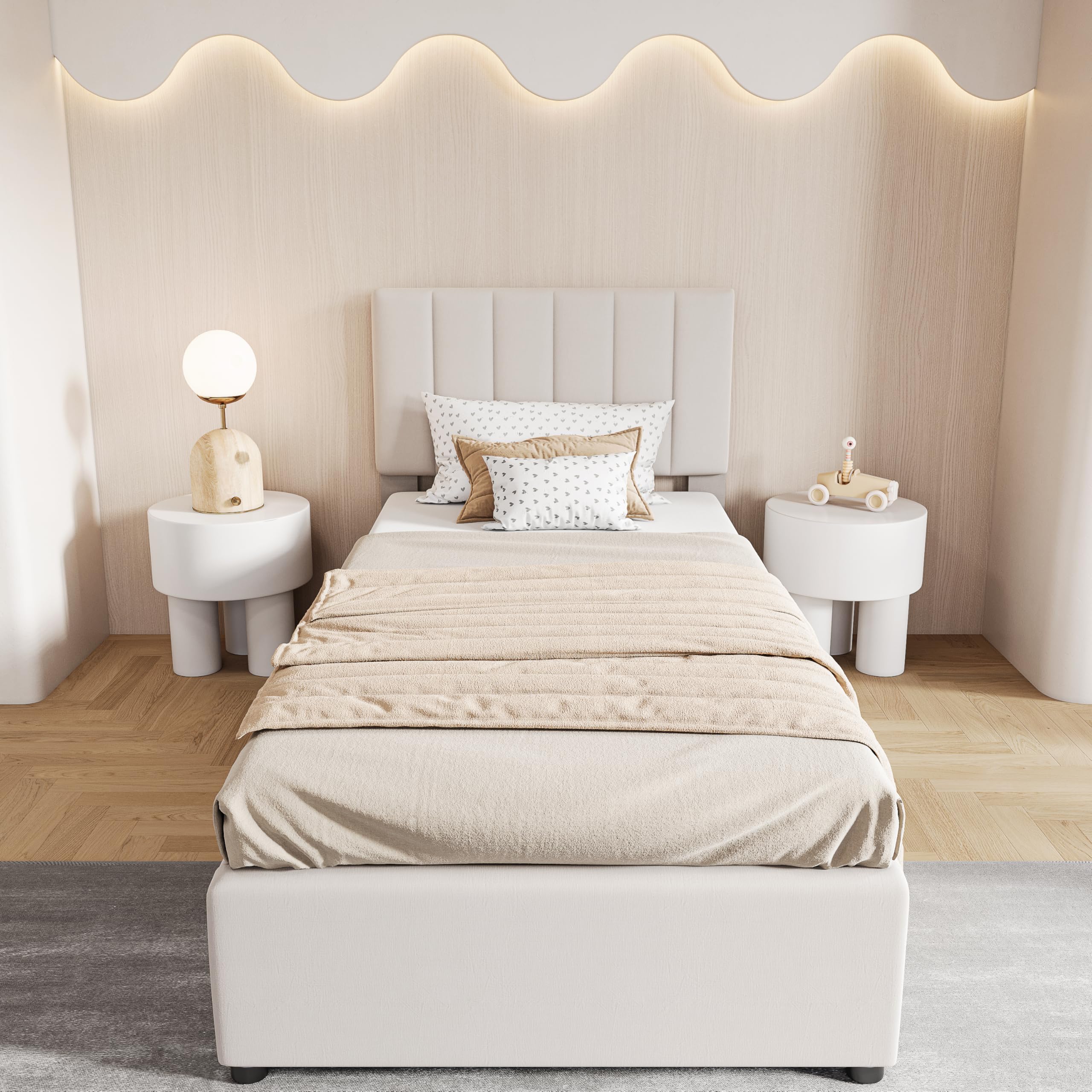 Lit Coffre 90x200 cm, Lit Capitonné Enfant avec Coffre de Rangement Hydraulique et Sommier à Lattes, Tête de Lit Réglable, Sans Matelas, Beige - 8