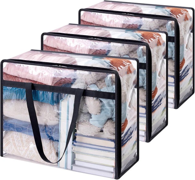 Lot de 3 Sac de Rangement Transparent 40L, Sac Rangement Vetement en PVC, Housse de Couette Pliable avec Poignées, Boite Rangement pour Demenagement