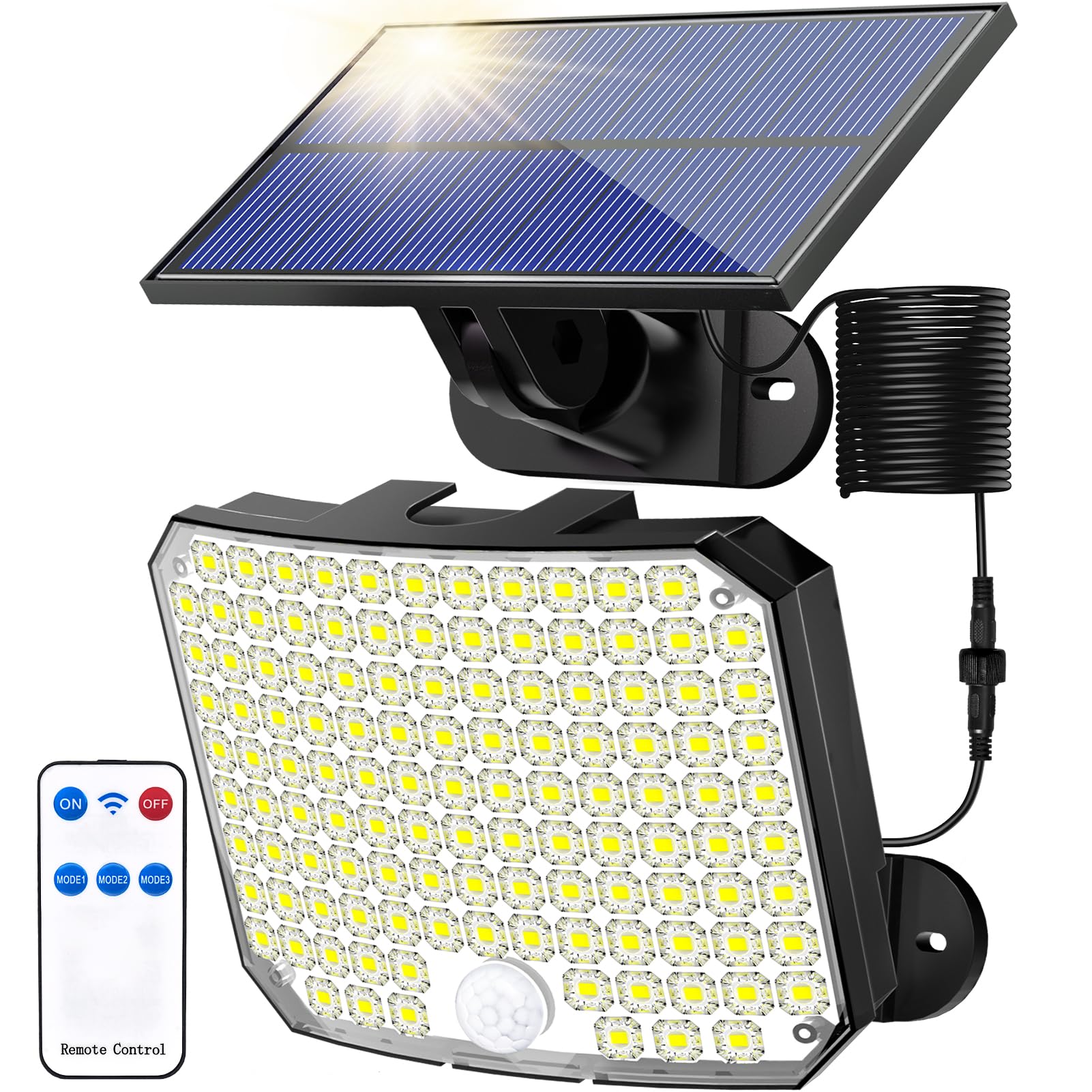 Solarne reflektory z 118 diodami LED, czujnikiem ruchu i pilotem zdalnego sterowania, wodoodporne reflektory bezpieczeństwa IP65