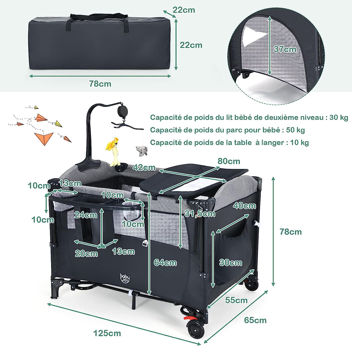 5 in 1 Lettino da Campeggio per Bambini, Lettino con Materasso per Neonato, Culla da Viaggio con Fasciatoio, Altezza Regolabile, Ruote con Fre - 5