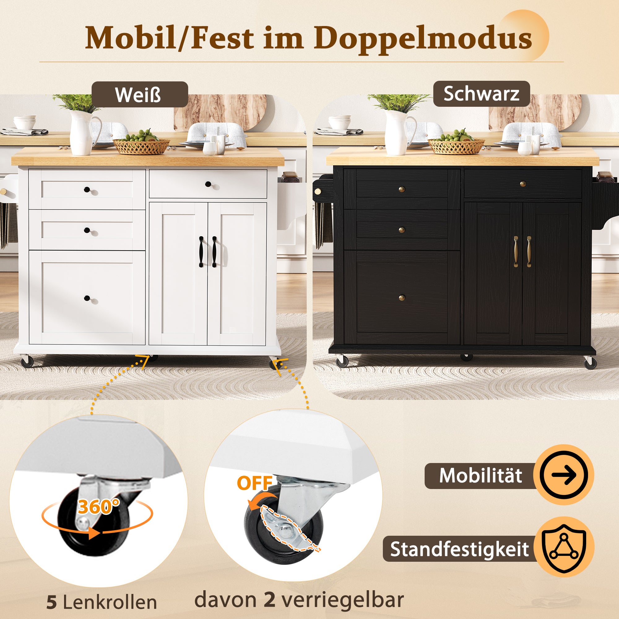 Mobilna wyspa kuchenna z 3 szufladami i 3 drzwiami - 107 x 45/70 x 90 cm - MDF - Rozkładany blat - Biały + naturalny - 5
